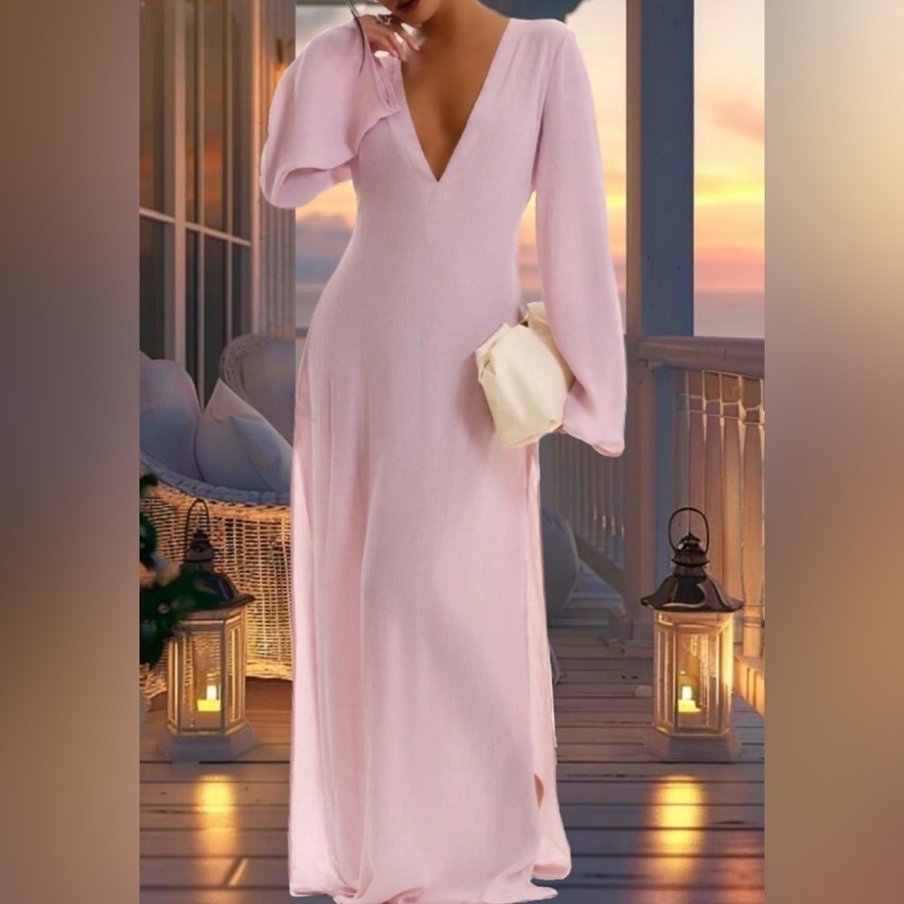 Elegant Pink Deep V-Neck Sheer Textured Long Sleeves Maxi Dress